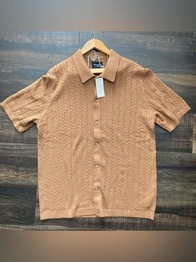 Abercrombie & Fitch Stitch Textured Button-Through Sweater Polo Brown Size Large